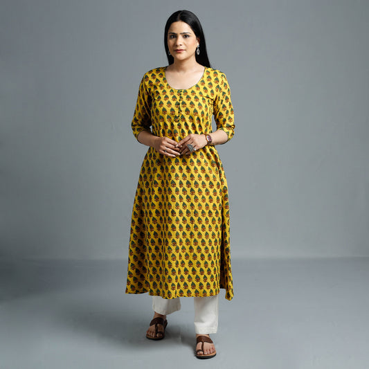 Yellow - Cotton Long Kurta in Ajrakh Block Prints of Kutch