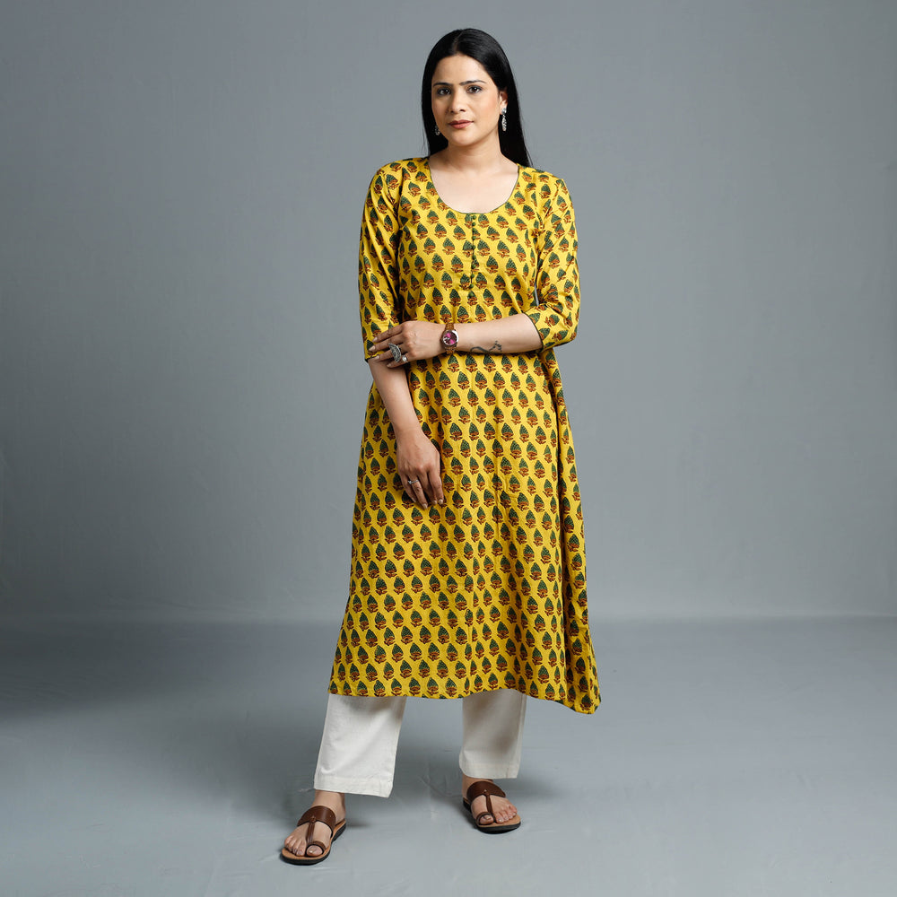 Yellow - Cotton Long Kurta in Ajrakh Block Prints of Kutch