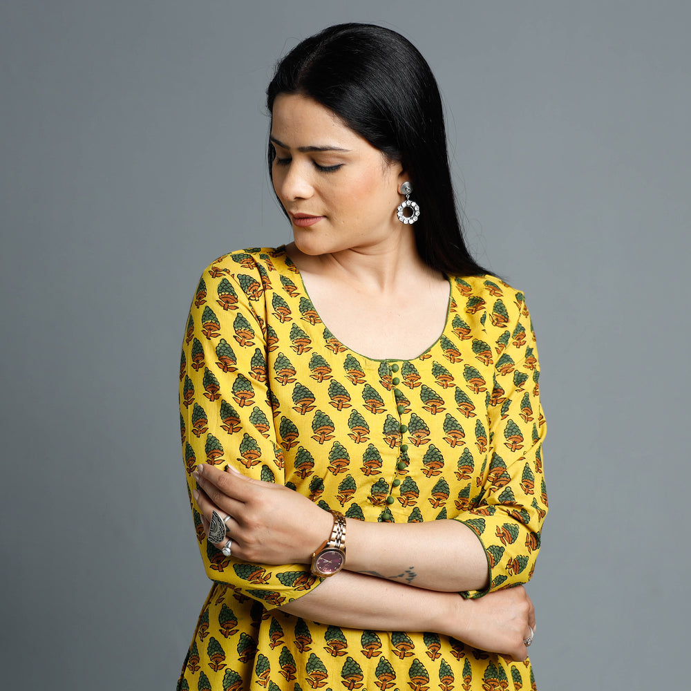 Yellow - Cotton Long Kurta in Ajrakh Block Prints of Kutch