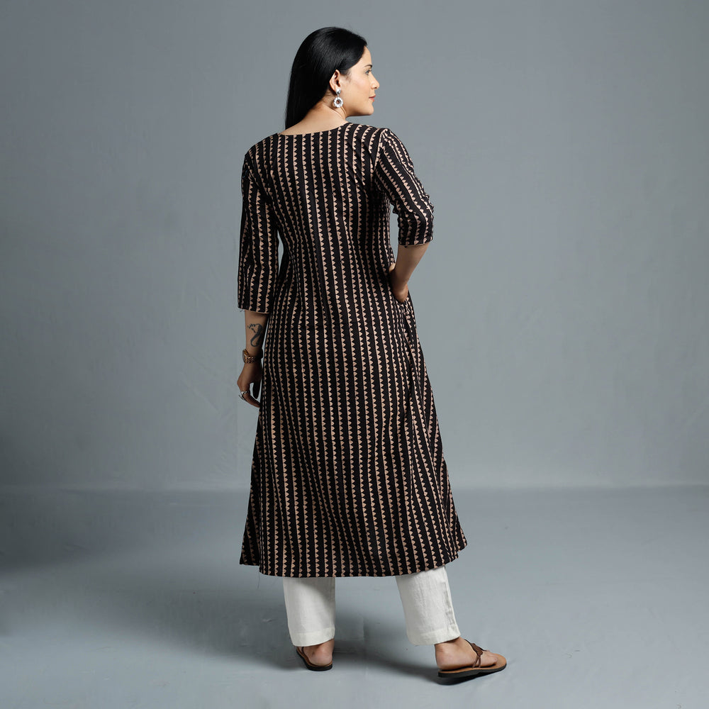 Black - Cotton Long Kurta in Ajrakh Block Prints of Kutch