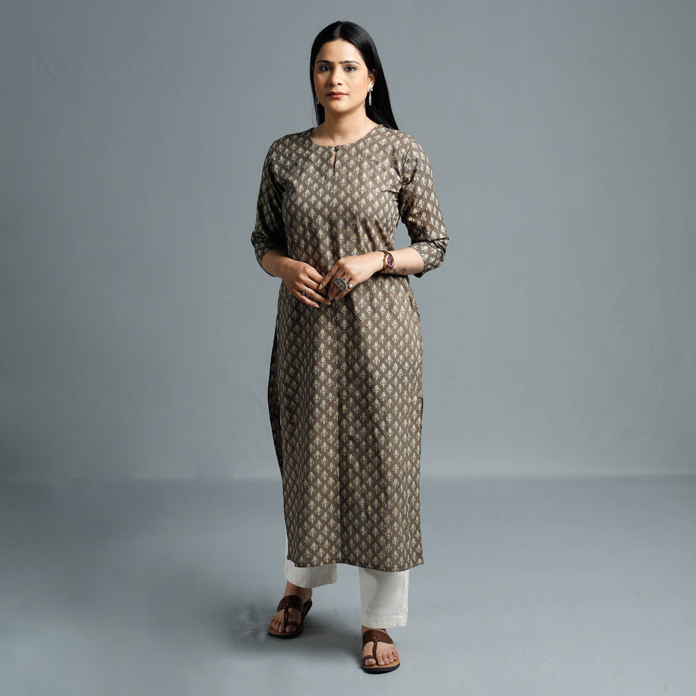 Grey - Cotton Long Kurta in Ajrakh Block Prints of Kutch