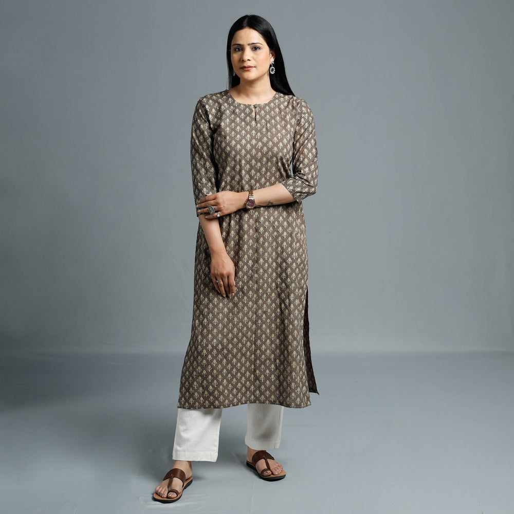 Grey - Cotton Long Kurta in Ajrakh Block Prints of Kutch