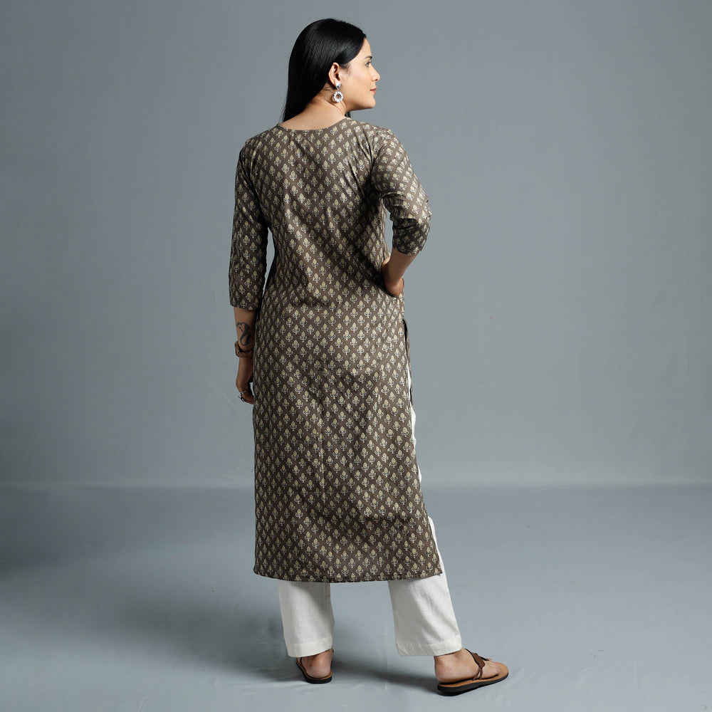 Grey - Cotton Long Kurta in Ajrakh Block Prints of Kutch