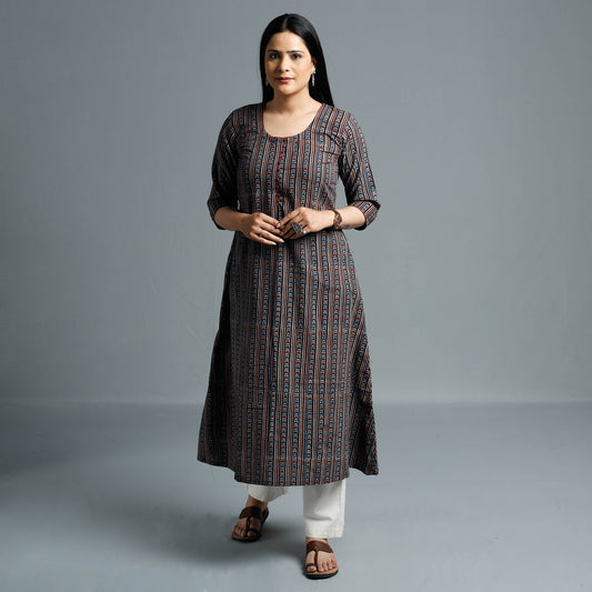 Brown - Cotton Long Kurta in Ajrakh Block Prints of Kutch