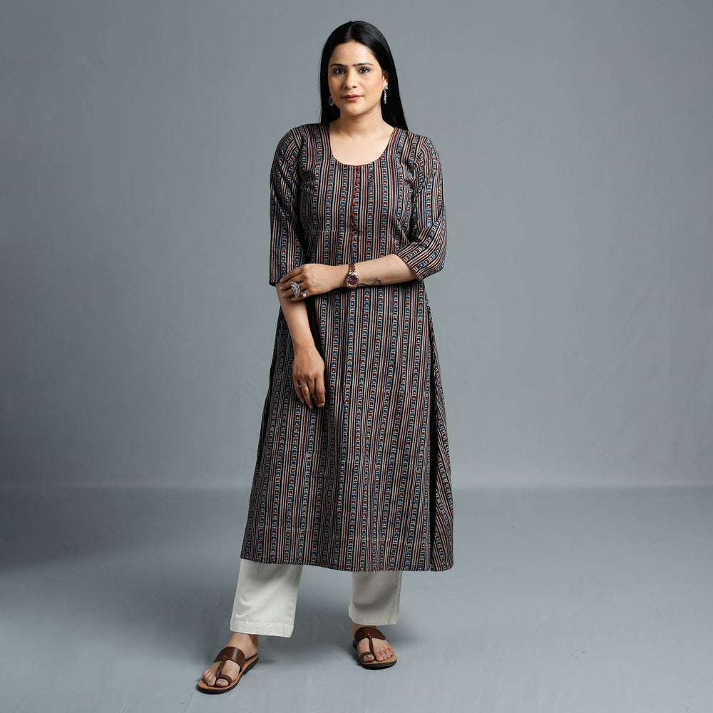 Brown - Cotton Long Kurta in Ajrakh Block Prints of Kutch