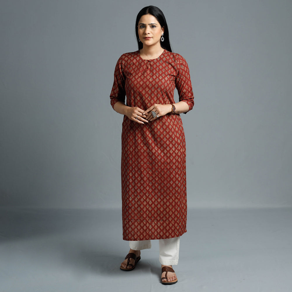 Maroon - Cotton Long Kurta in Ajrakh Block Prints of Kutch