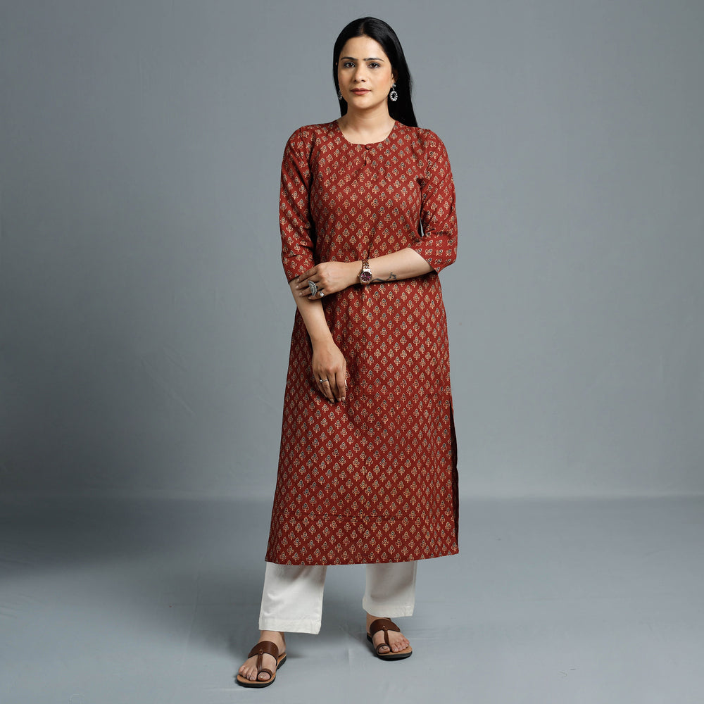 Maroon - Cotton Long Kurta in Ajrakh Block Prints of Kutch