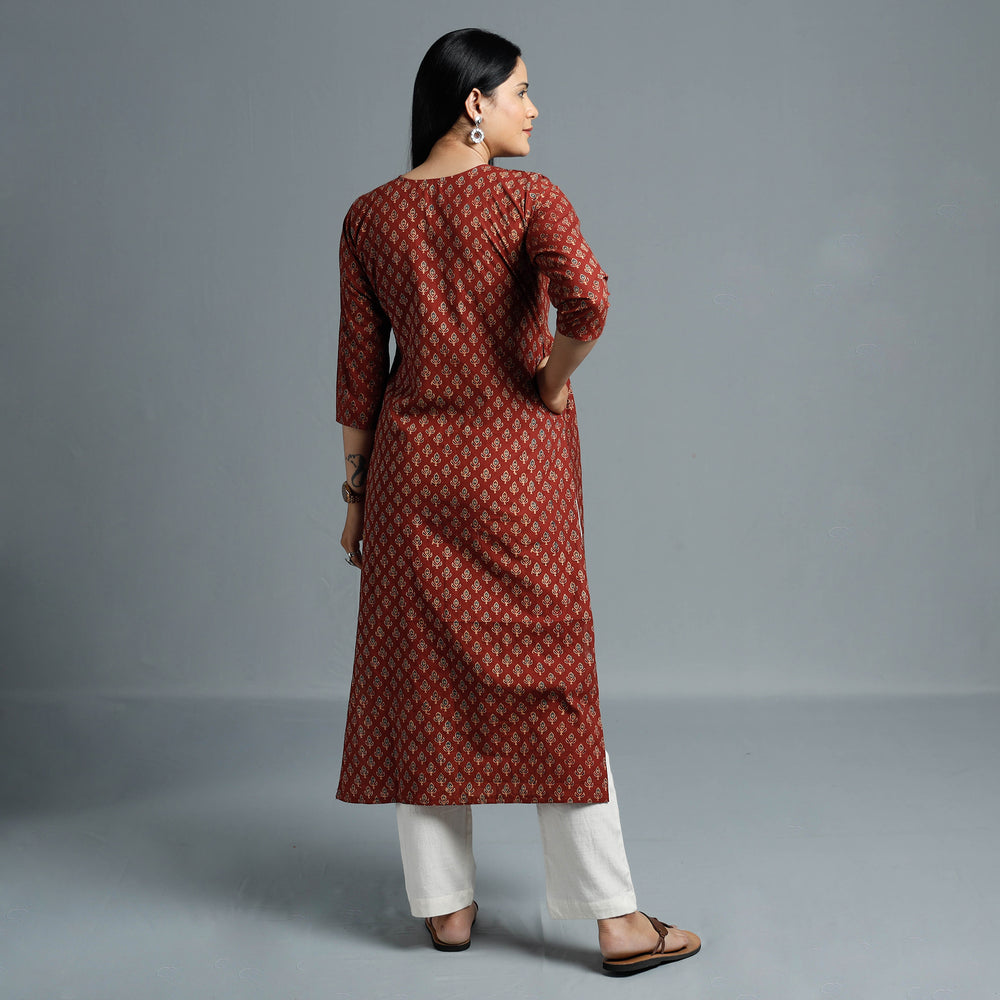 Maroon - Cotton Long Kurta in Ajrakh Block Prints of Kutch