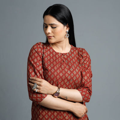 Maroon - Cotton Long Kurta in Ajrakh Block Prints of Kutch