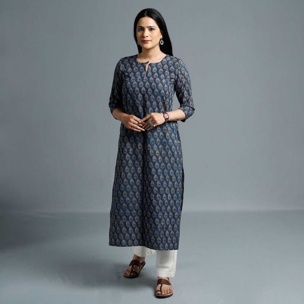 Blue - Cotton Long Kurta in Ajrakh Block Prints of Kutch