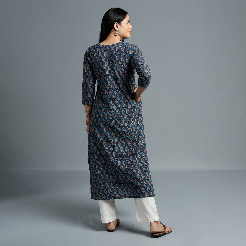 Blue - Cotton Long Kurta in Ajrakh Block Prints of Kutch