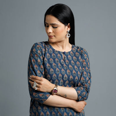 Blue - Cotton Long Kurta in Ajrakh Block Prints of Kutch