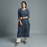 Blue - Cotton Long Kurta in Ajrakh Block Prints of Kutch