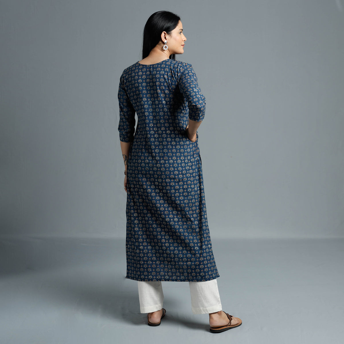 Blue - Cotton Long Kurta in Ajrakh Block Prints of Kutch