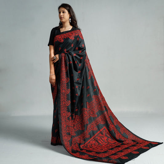 Black - Bengal Kantha Embroidery Bangalore Silk Handloom Saree