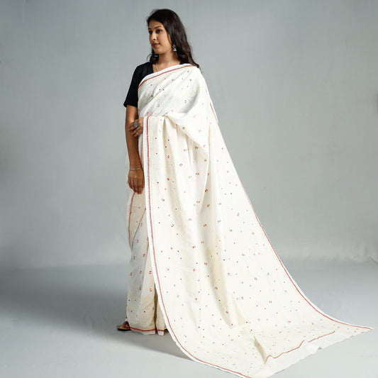 White - Bengal Kantha Embroidery Bangalore Silk Handloom Saree