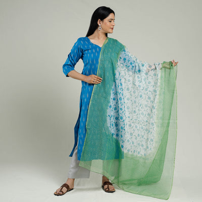 Blue - Pochampally Ikat Cotton Kurta with Palazzo & Dupatta Set