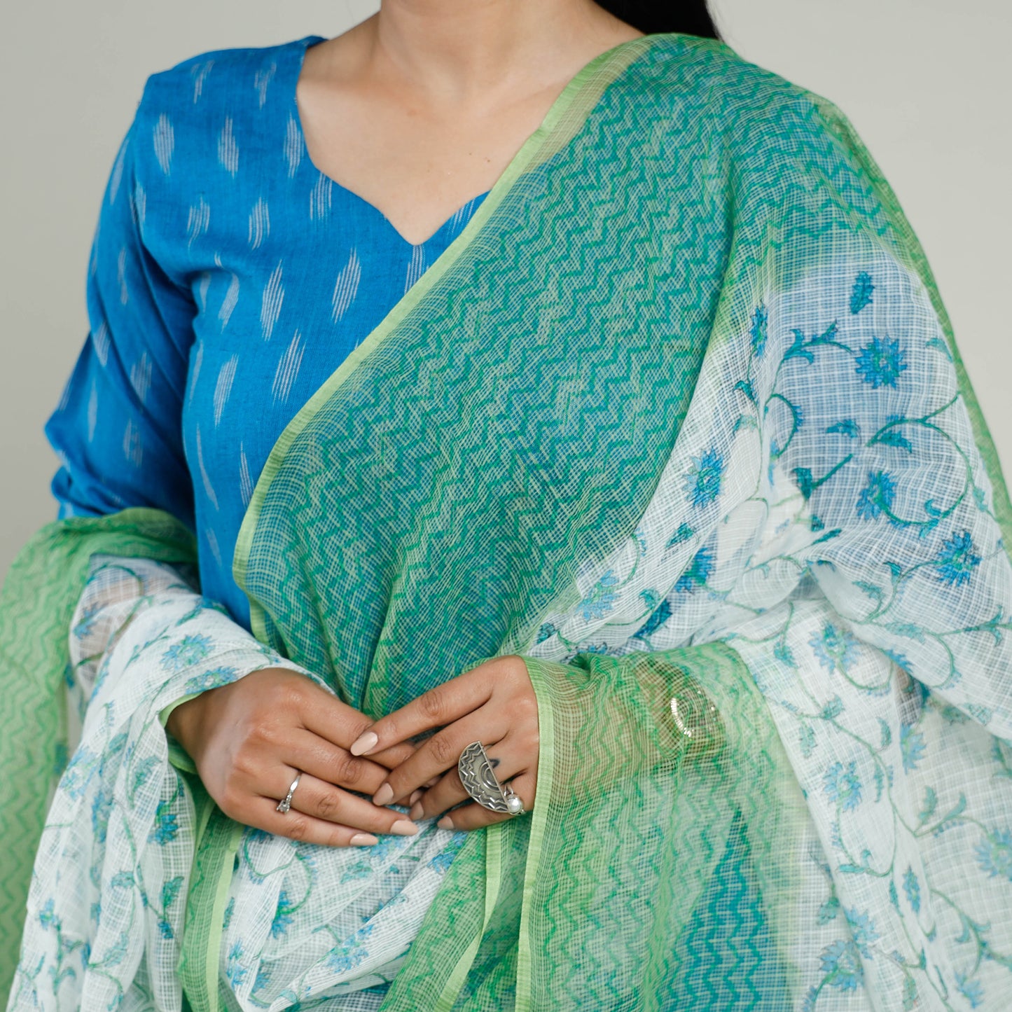 Blue - Pochampally Ikat Cotton Kurta with Palazzo & Dupatta Set