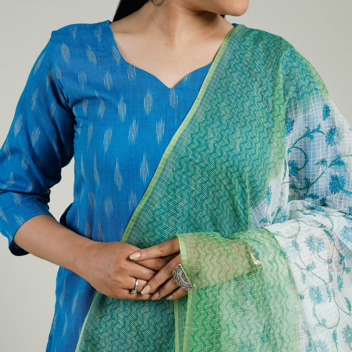 Blue - Pochampally Ikat Cotton Kurta with Palazzo & Dupatta Set