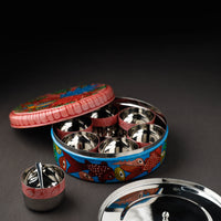 Bengal Patua Handpainted Stainless Steel Masala Box (7.5 x 7.5 in)