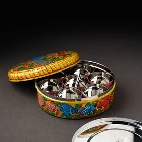 Bengal Patua Handpainted Stainless Steel Yellow Masala Box