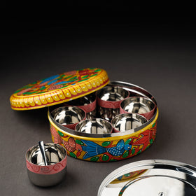 Bengal Patua Handpainted Stainless Steel Yellow Masala Box