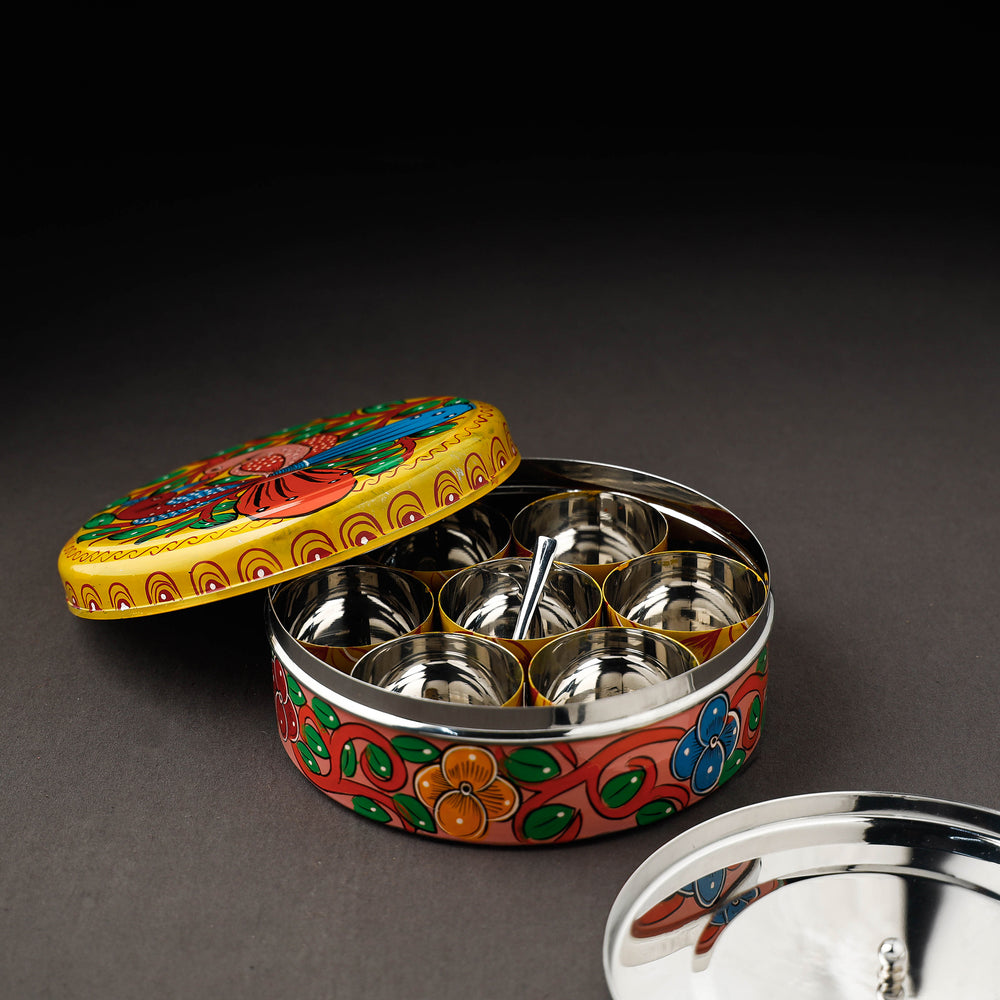 Bengal Patua Handpainted Stainless Steel Masala Box (7.5 x 7.5 in)