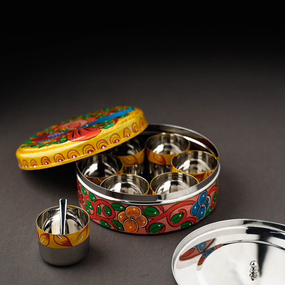 Bengal Patua Handpainted Stainless Steel Masala Box (7.5 x 7.5 in)