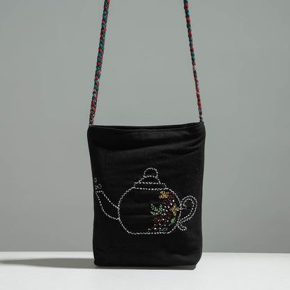 Black - Cotton Fabric Hand Embroidered Sling Bag