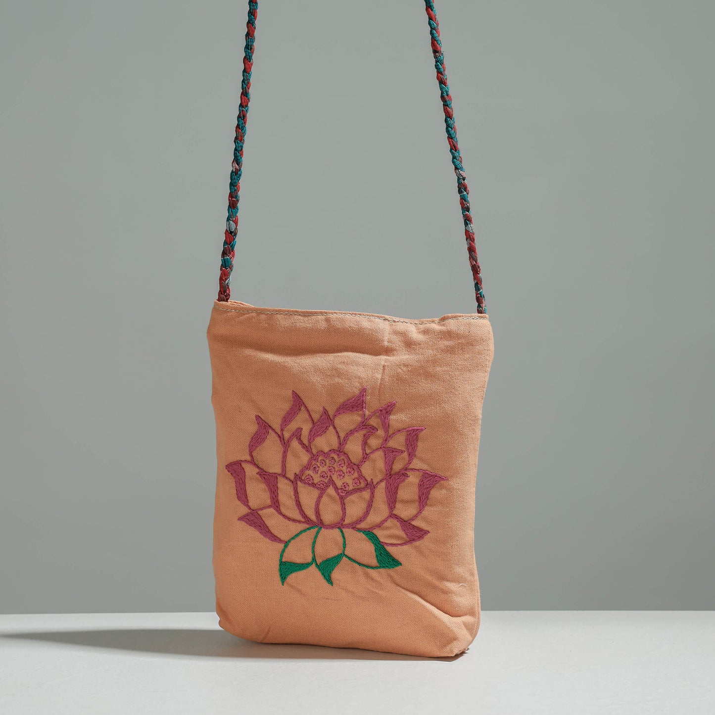 Peach - Cotton Fabric Hand Embroidered Sling Bag