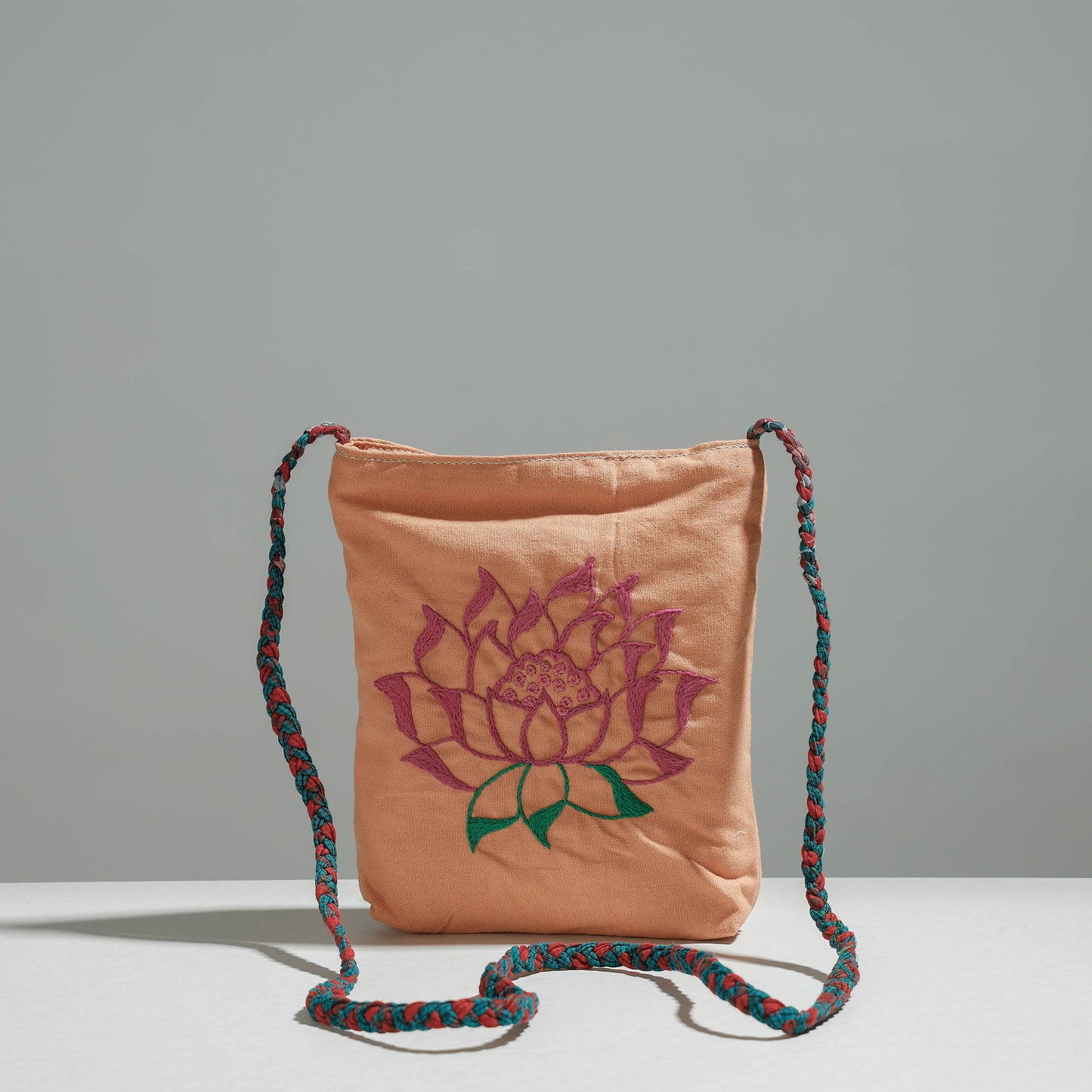 Peach - Cotton Fabric Hand Embroidered Sling Bag