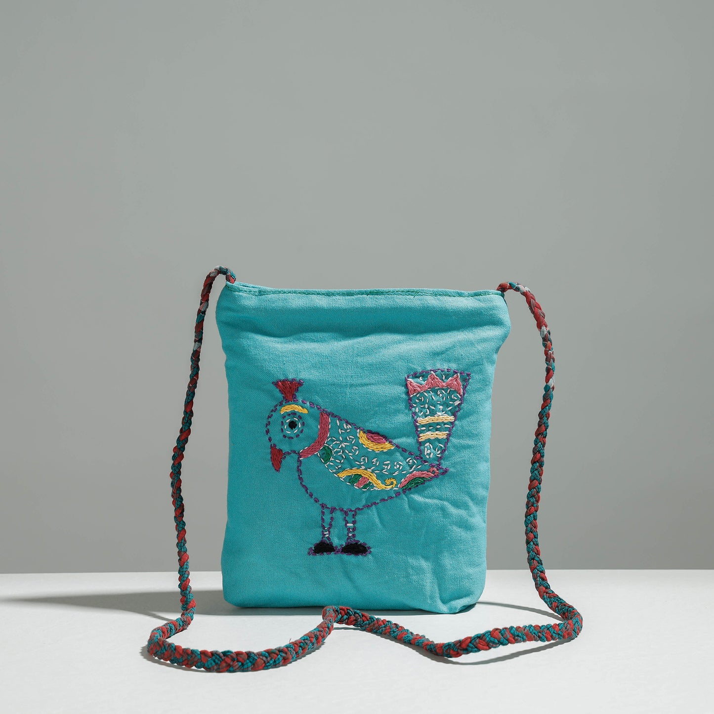 Blue - Cotton Fabric Hand Embroidered Sling Bag
