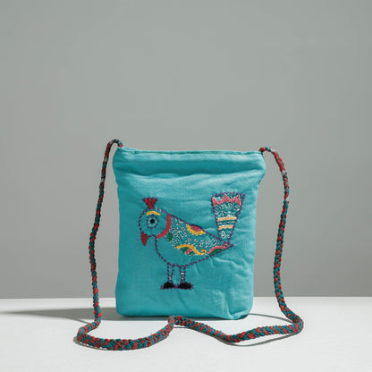 Blue - Cotton Fabric Hand Embroidered Sling Bag