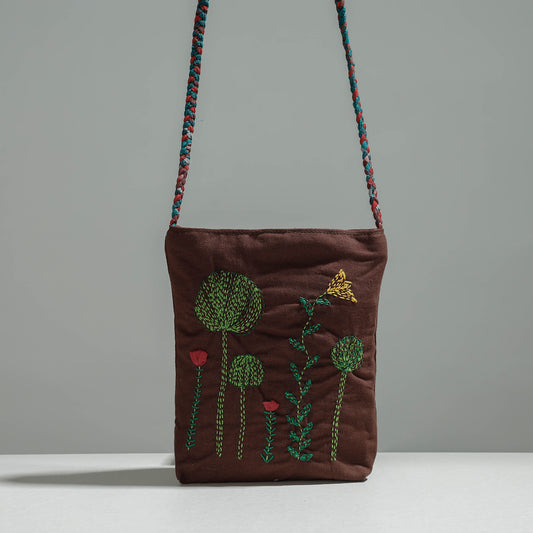 Brown - Cotton Fabric Hand Embroidered Sling Bag