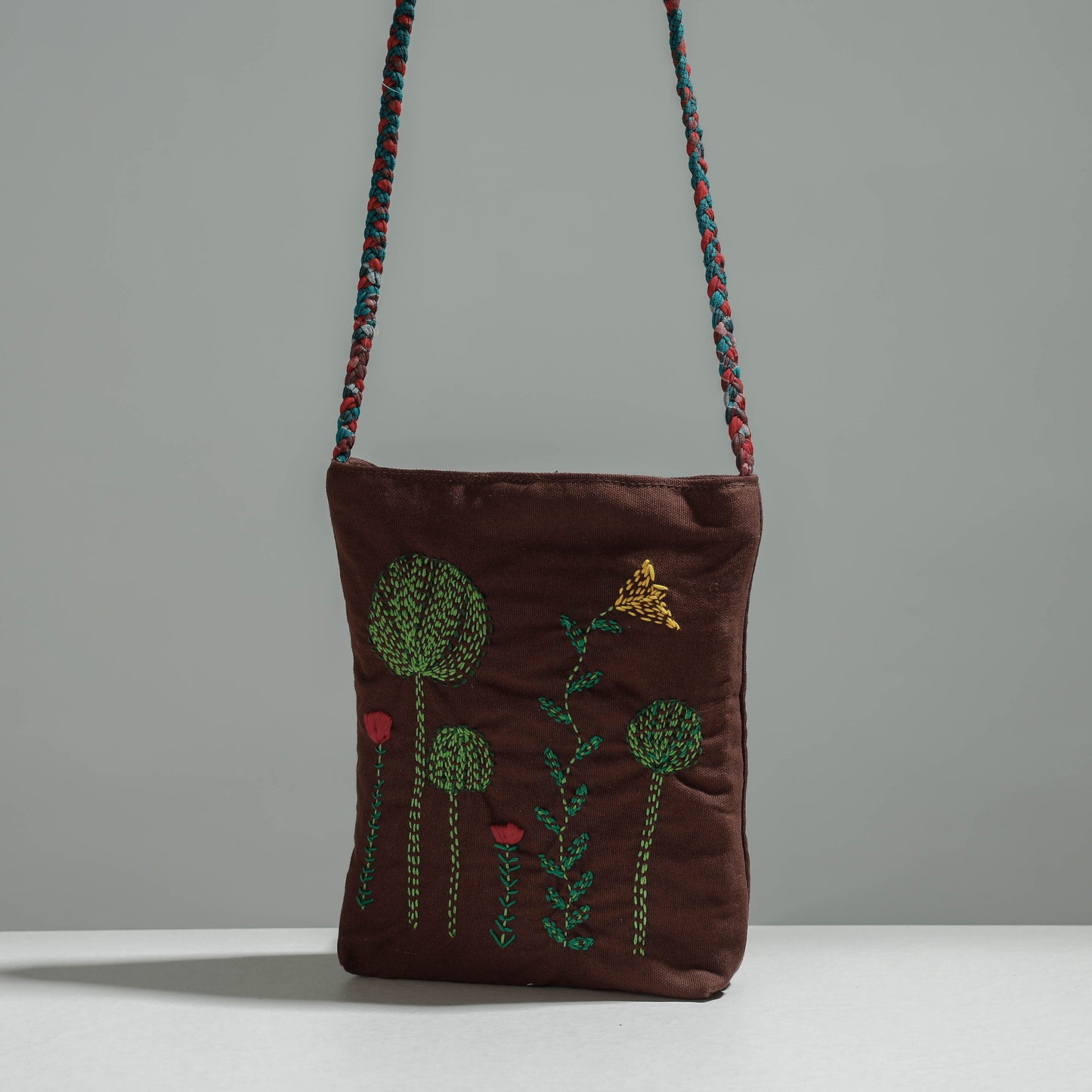 Brown - Cotton Fabric Hand Embroidered Sling Bag