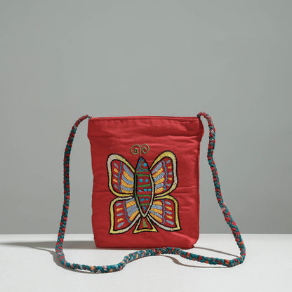 Red - Cotton Fabric Hand Embroidered Sling Bag