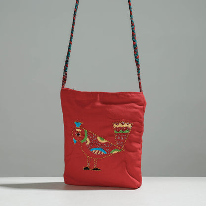 Red - Cotton Fabric Hand Embroidered Sling Bag