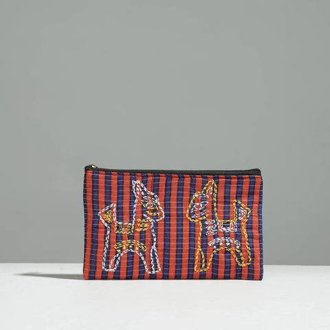 Multicolor Gamcha Fabric Hand Embroidered Jewelry Pouch