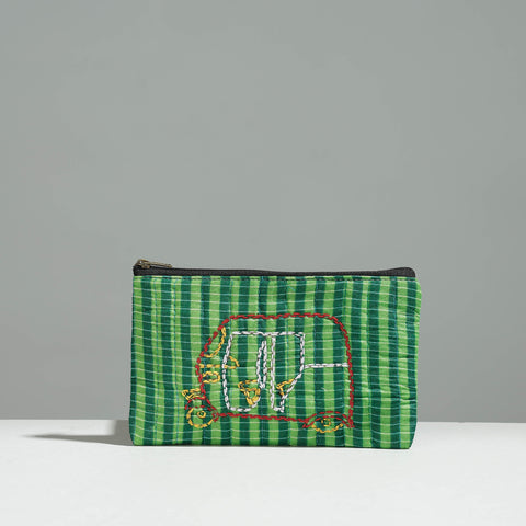 Green Gamcha Fabric Hand Embroidered Jewelry Pouch 