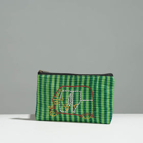 Green Gamcha Fabric Hand Embroidered Jewelry Pouch 