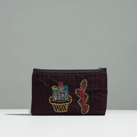 Brown Gamcha Fabric Hand Embroidered Jewelry Pouch 