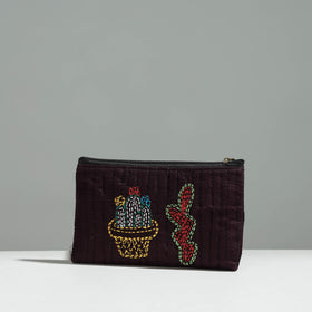 Brown Gamcha Fabric Hand Embroidered Jewelry Pouch 