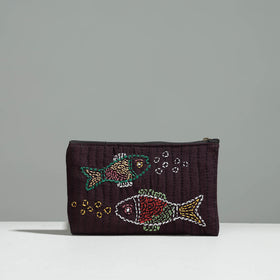 Brown Gamcha Fabric Hand Embroidered Jewelry Pouch
