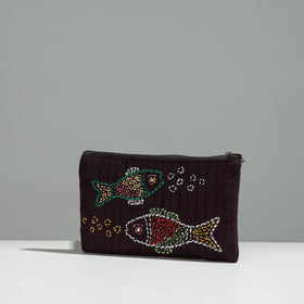 Brown Gamcha Fabric Hand Embroidered Jewelry Pouch