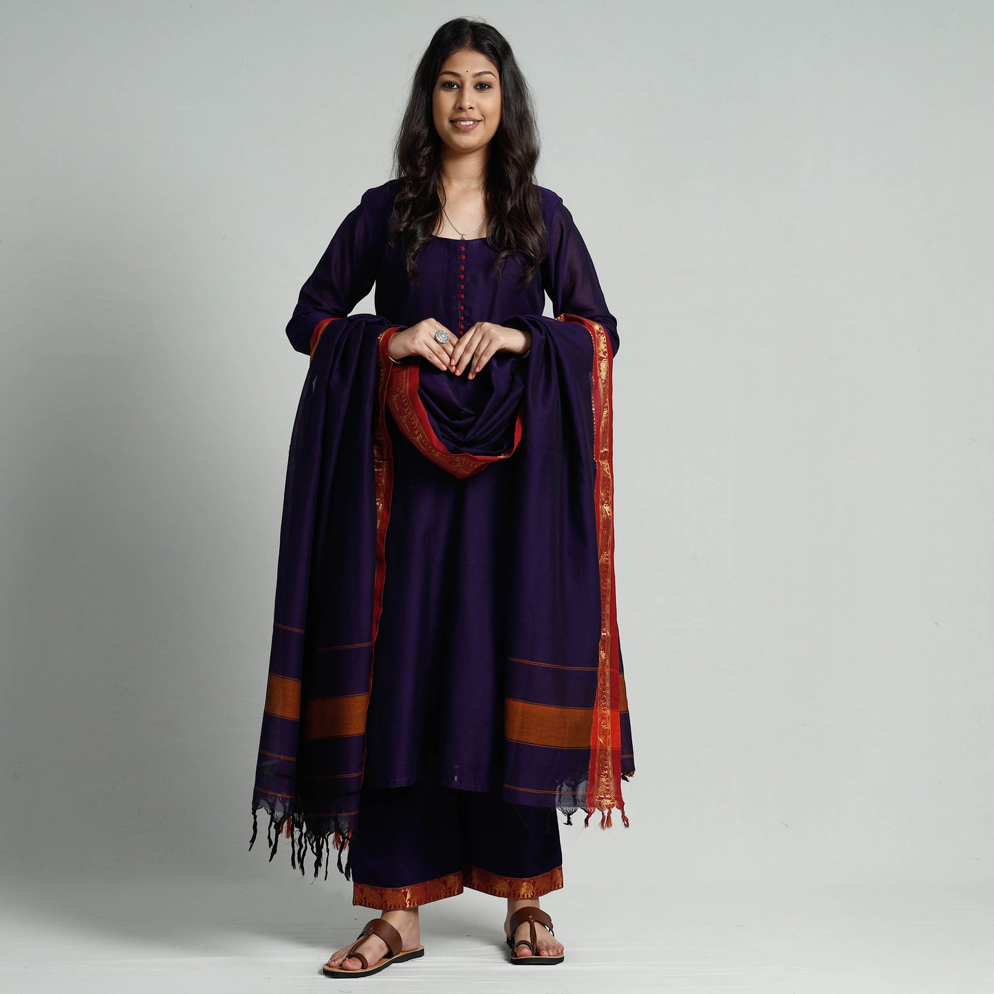 Purple - Voilet Dharwad Cotton Kurta with Palazzo & Dupatta Set