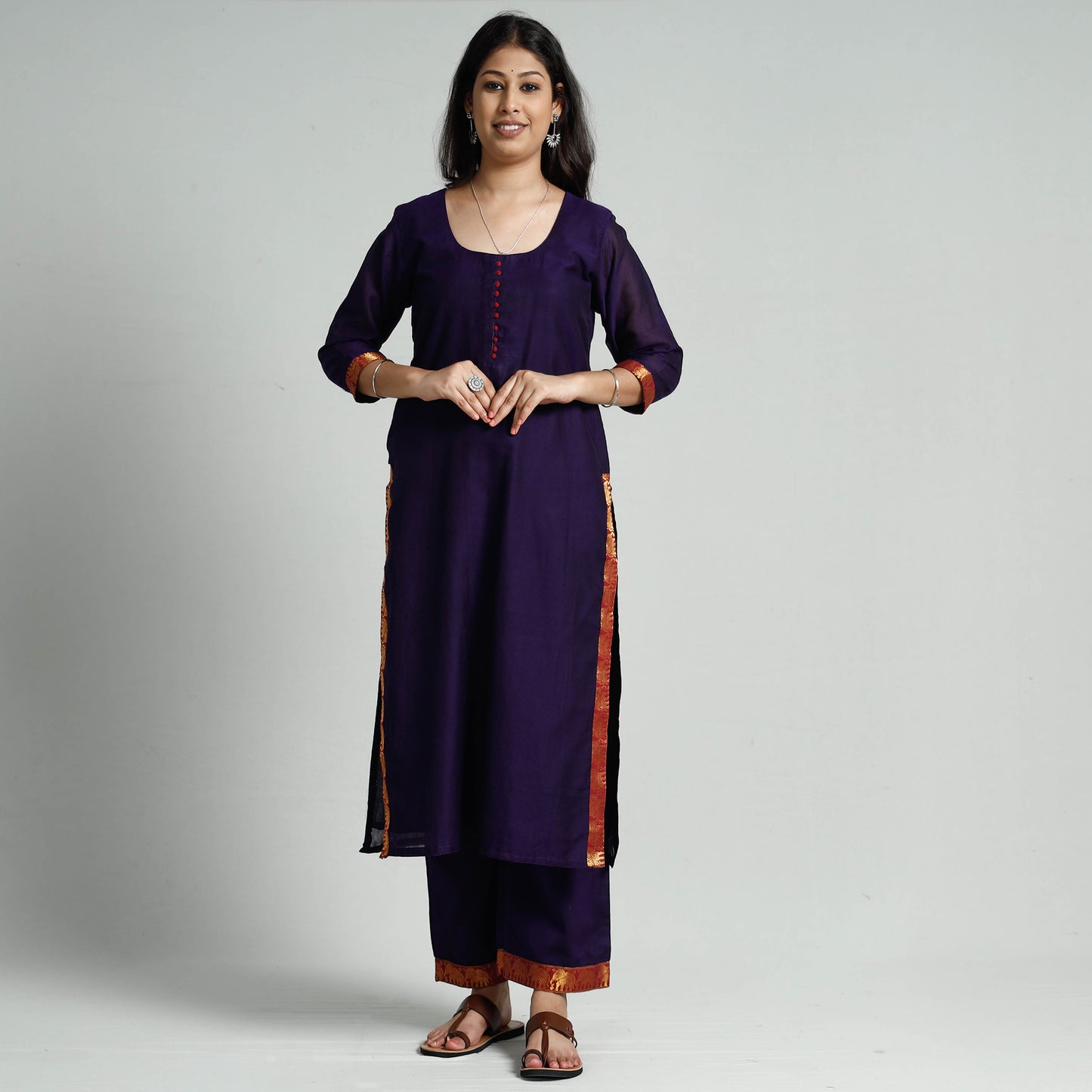 Purple - Voilet Dharwad Cotton Kurta with Palazzo & Dupatta Set