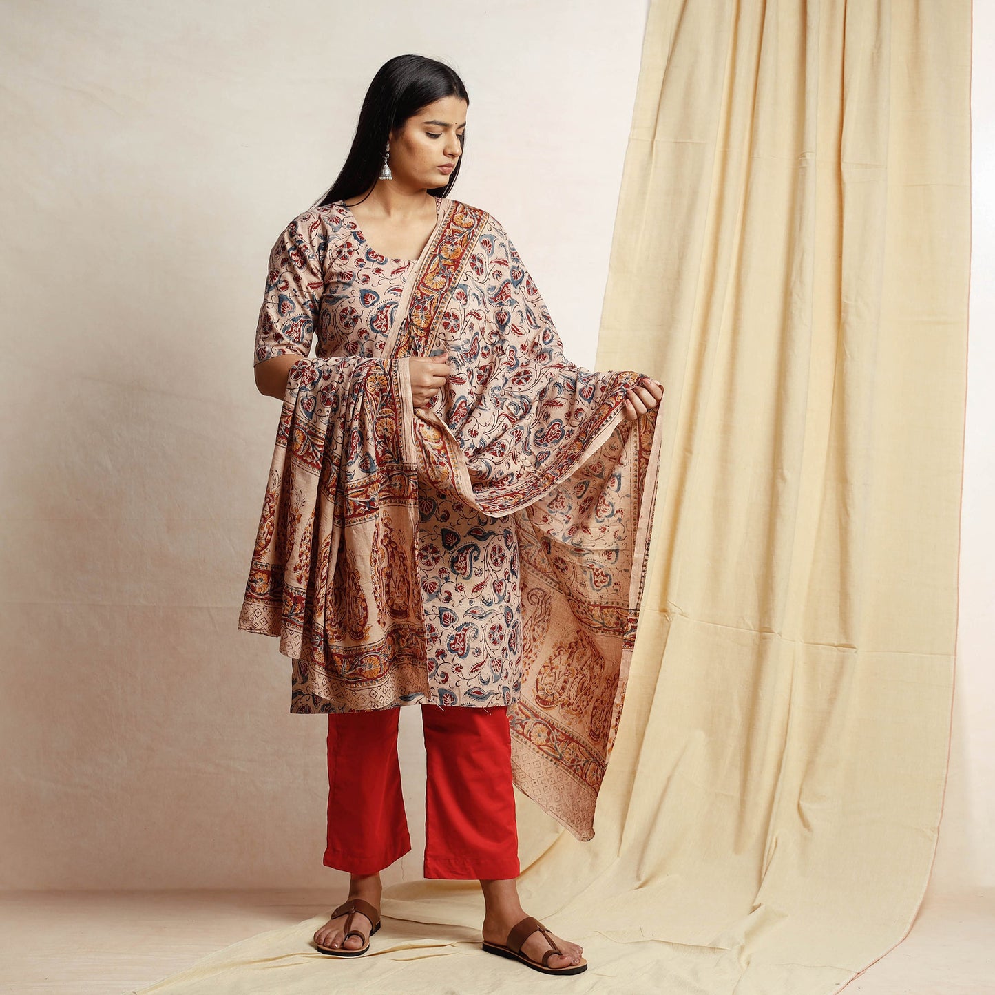 Beige - Kalamkari Block Printing Cotton Kurta with Palazzo & Dupatta Set