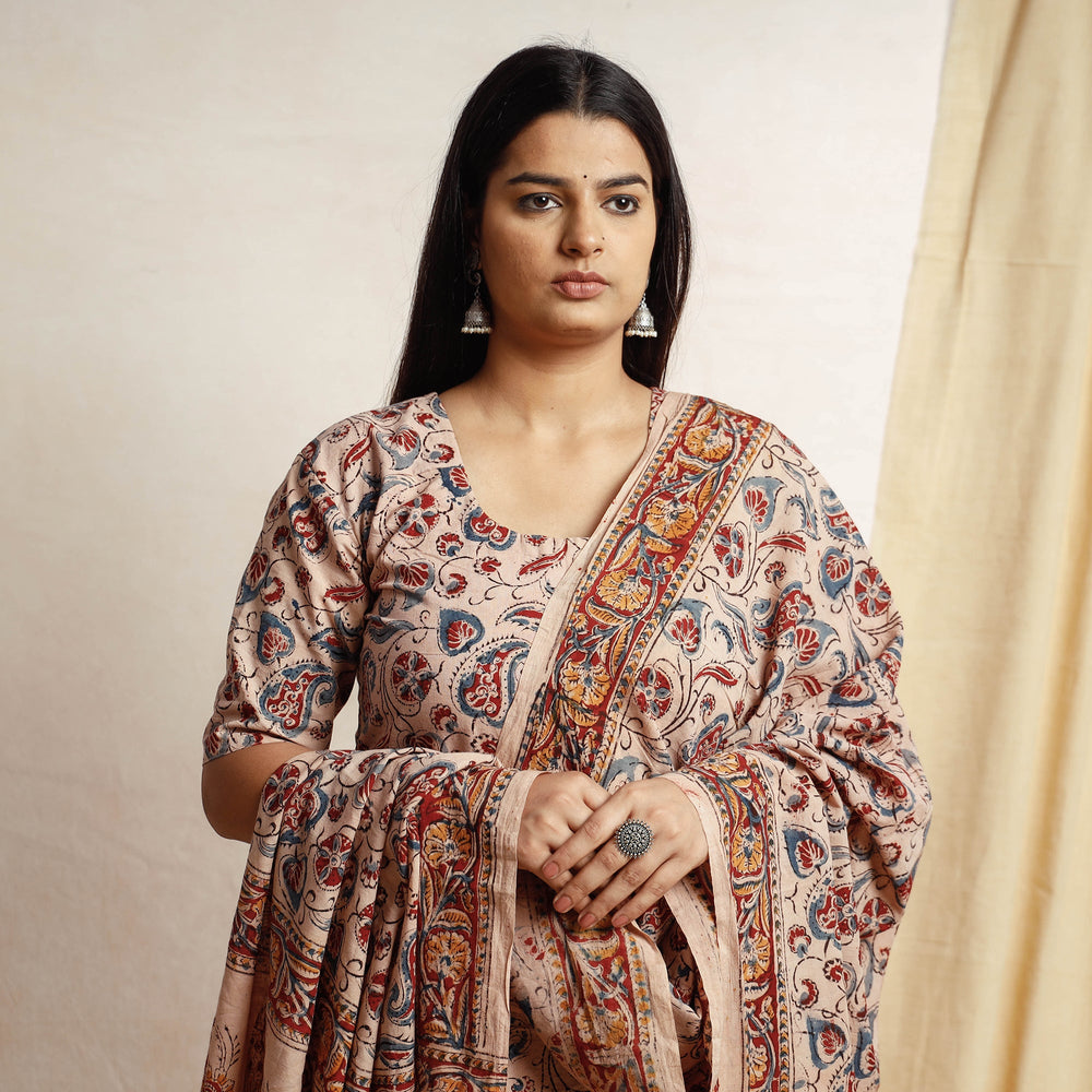 Beige - Kalamkari Block Printing Cotton Kurta with Palazzo & Dupatta Set