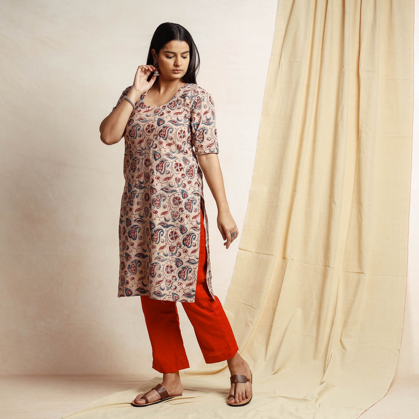 Beige - Kalamkari Block Printing Cotton Kurta with Palazzo & Dupatta Set