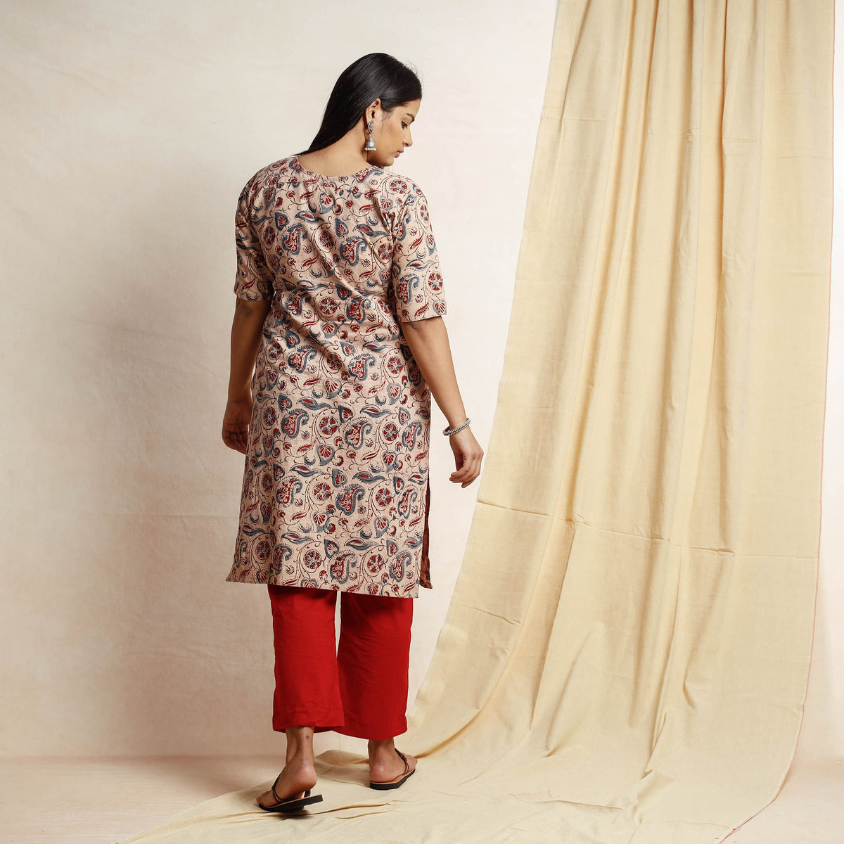 Beige - Kalamkari Block Printing Cotton Kurta with Palazzo & Dupatta Set